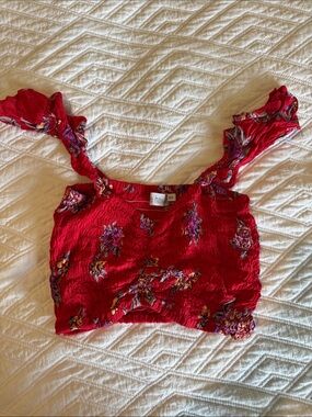 Tiare Hawaii Red Floral Smocked Ruffle Crop Top
